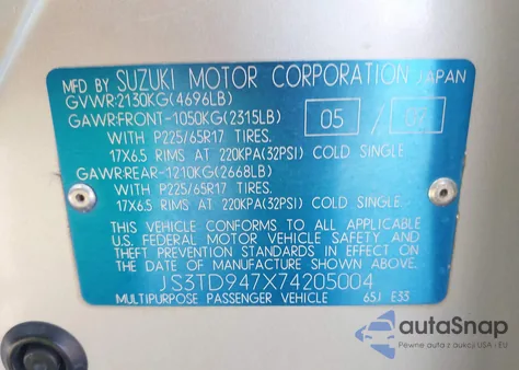 2007 Suzuki Grand Vitara Luxury from USA, damaged, VIN JS3TD947X74205004